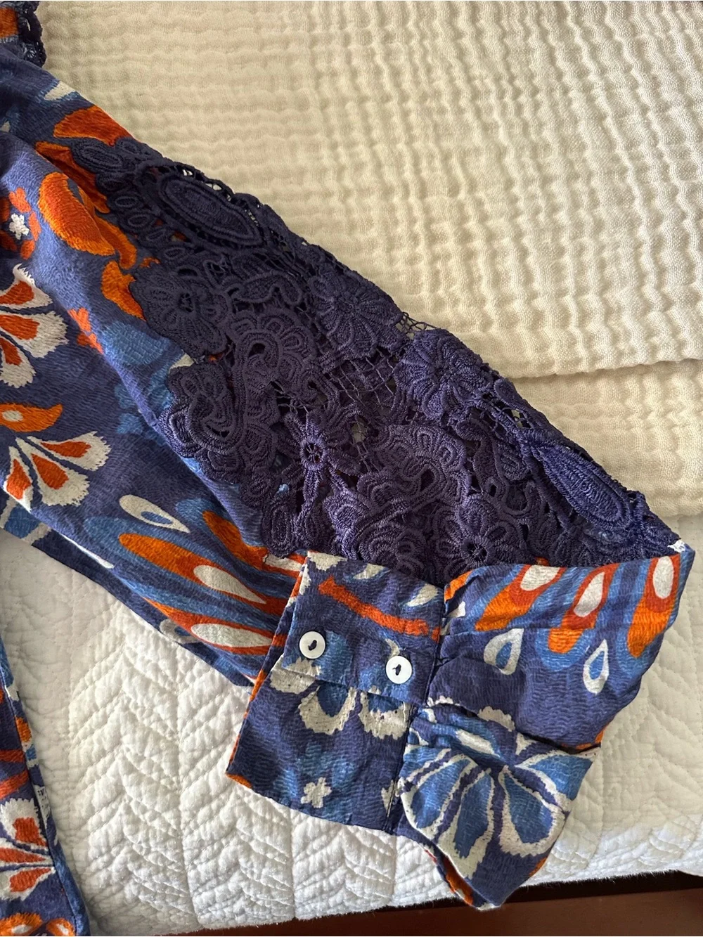 FARM Rio Navy & Orange Floral Lace Puff-Sleeve Blouse